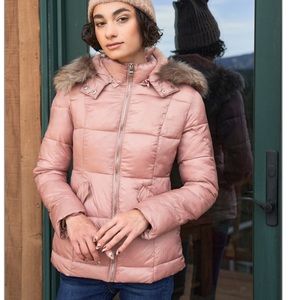 NEW Mauve Long Sleeve Faux Fur Hood Water Resistant Puffer Jacket